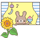 a bunny looks out a window with a large sunflower outside